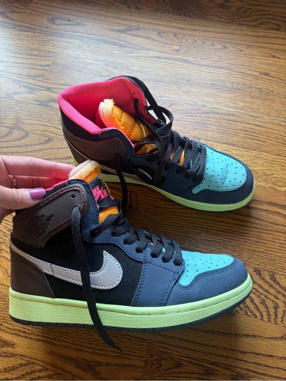 Jordan High-Top Sneakers in Teal, pink, orange, Black & Neon Yellow-Green